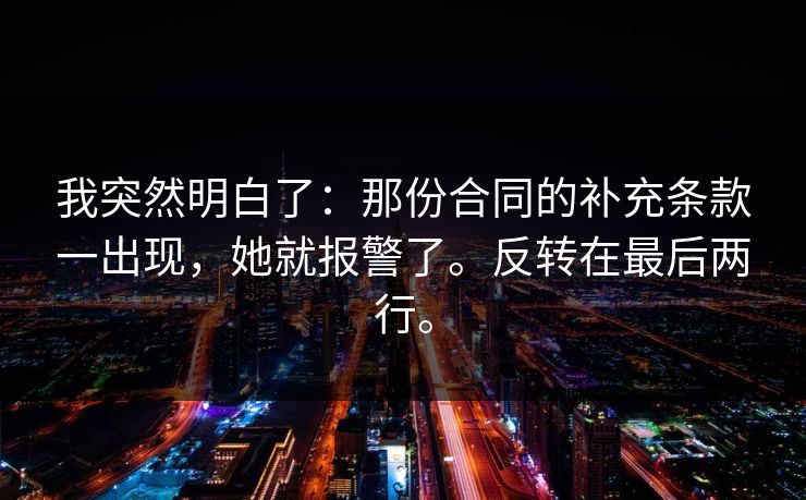 我突然明白了：那份合同的补充条款一出现，她就报警了。反转在最后两行。
